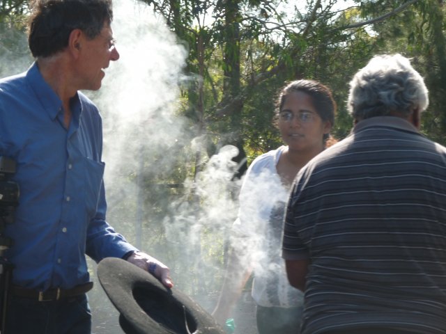 Peter Read, Sheena Kitchener, Uncle Ivan Wellington at smoking ceremony, Appin Masscare memorial, 2012